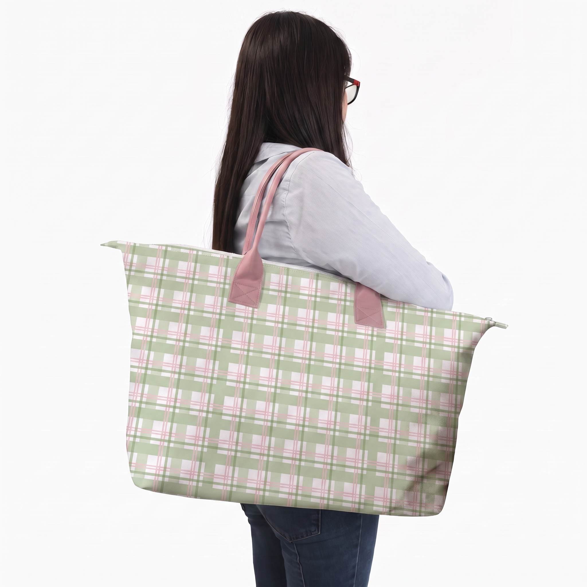 BOLSA TOTE GRANDE CON COSMETIQUERA AJEDREZ VERDE