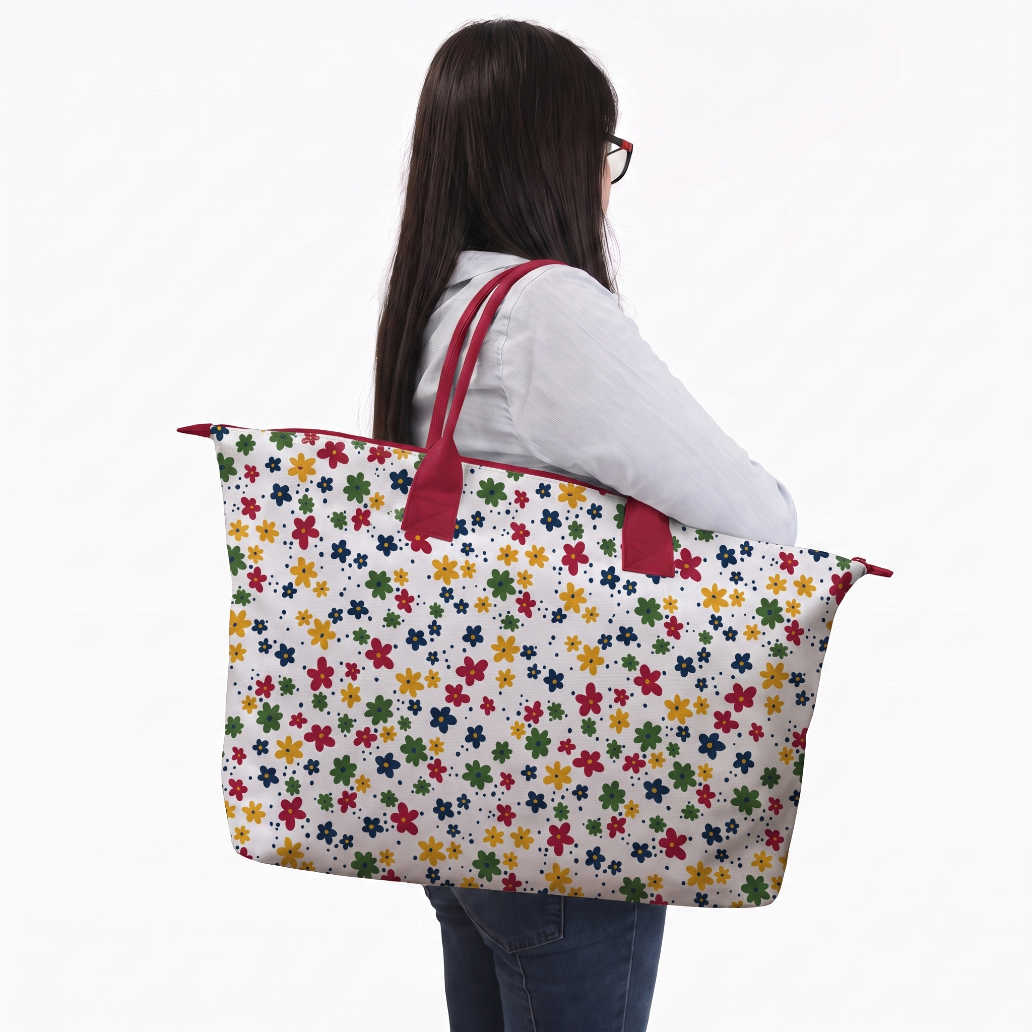BOLSA TOTE GRANDE CON COSMETIQUERA FLORES COLORIDAS