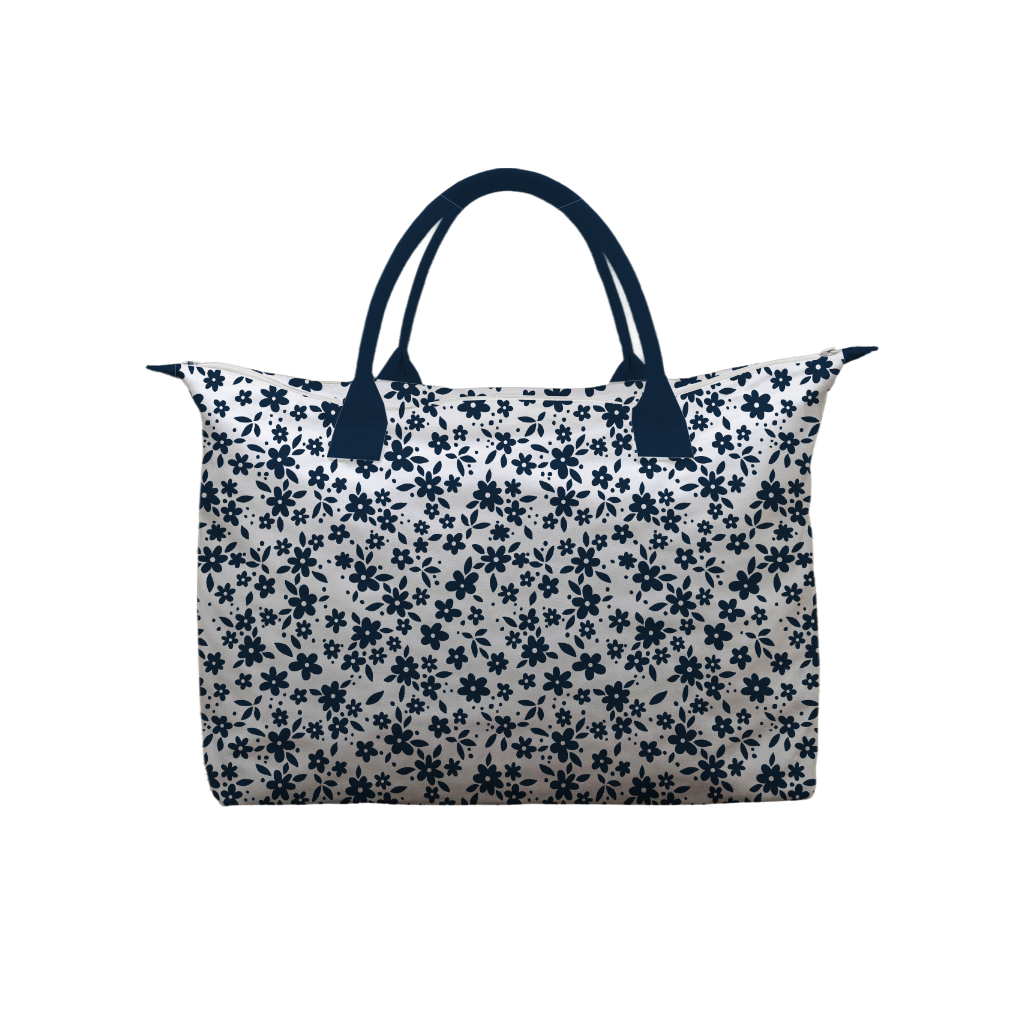 BOLSA TOTE GRANDE CON COSMETIQUERA FLORES AZULES