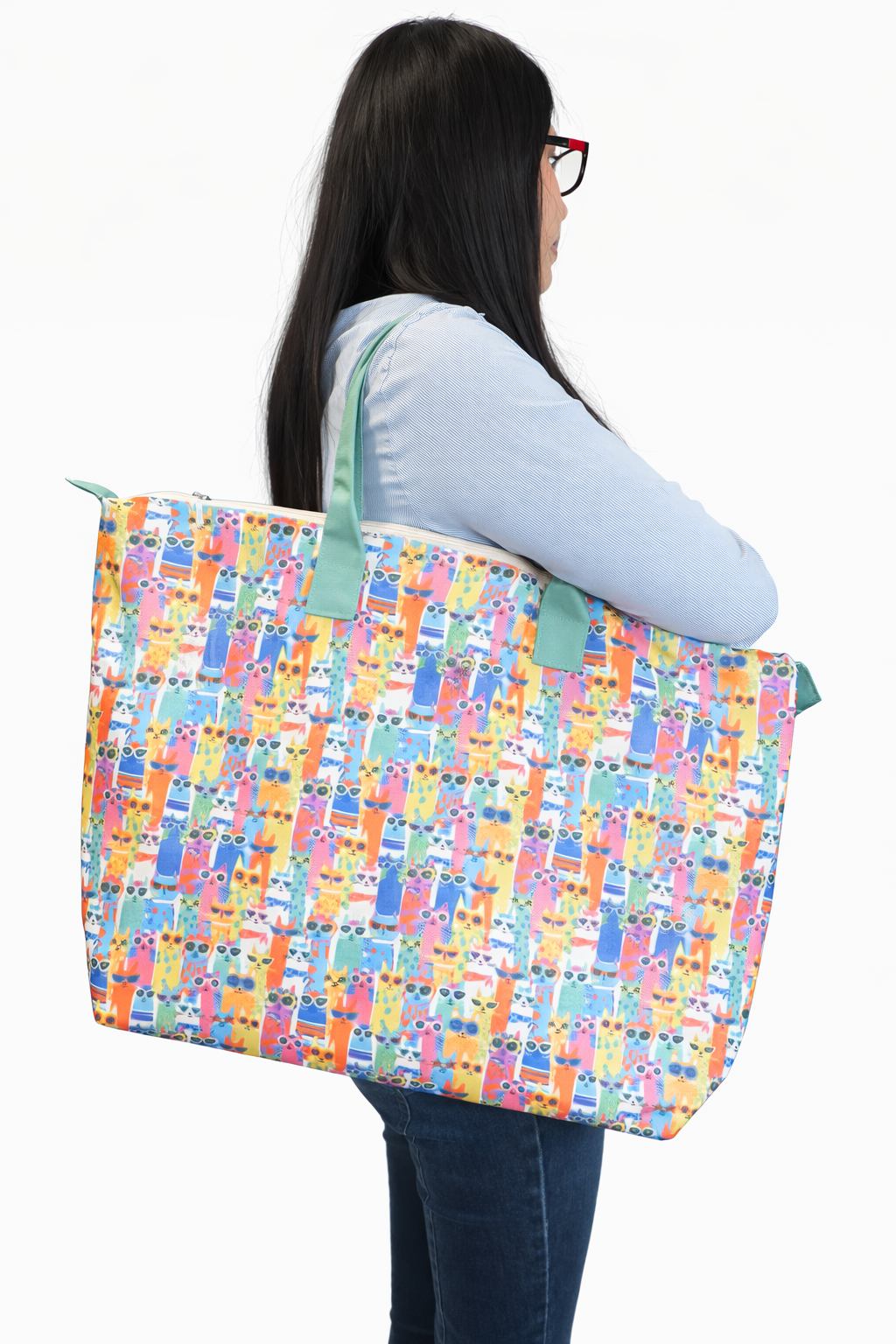 BOLSA TOTE GRANDE CON COSMETIQUERA GATOS