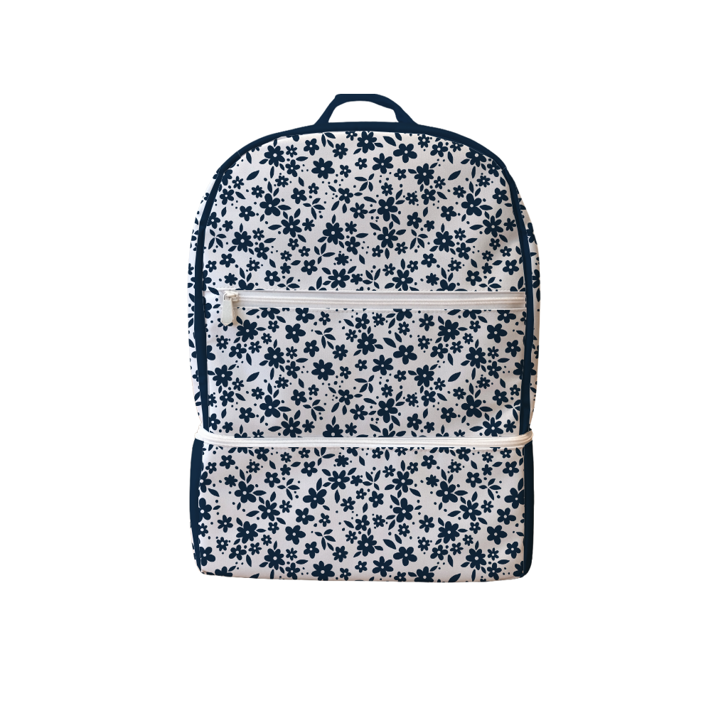 MOCHILA PAÑALERA IMPERMEABLE FLORES AZULES