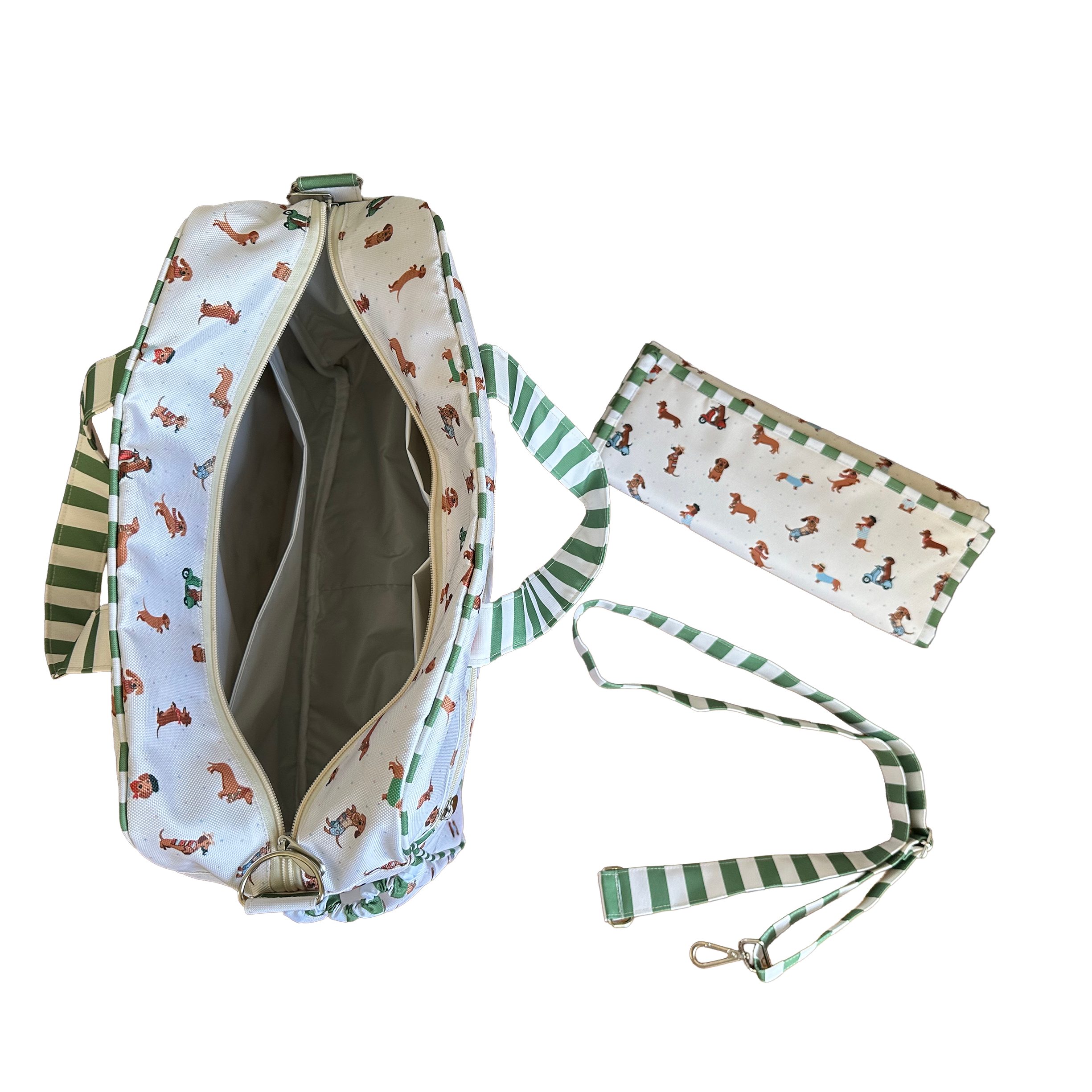 MALETA PAÑALERA CON CAMBIADOR PERRO SALCHICHA VERDE