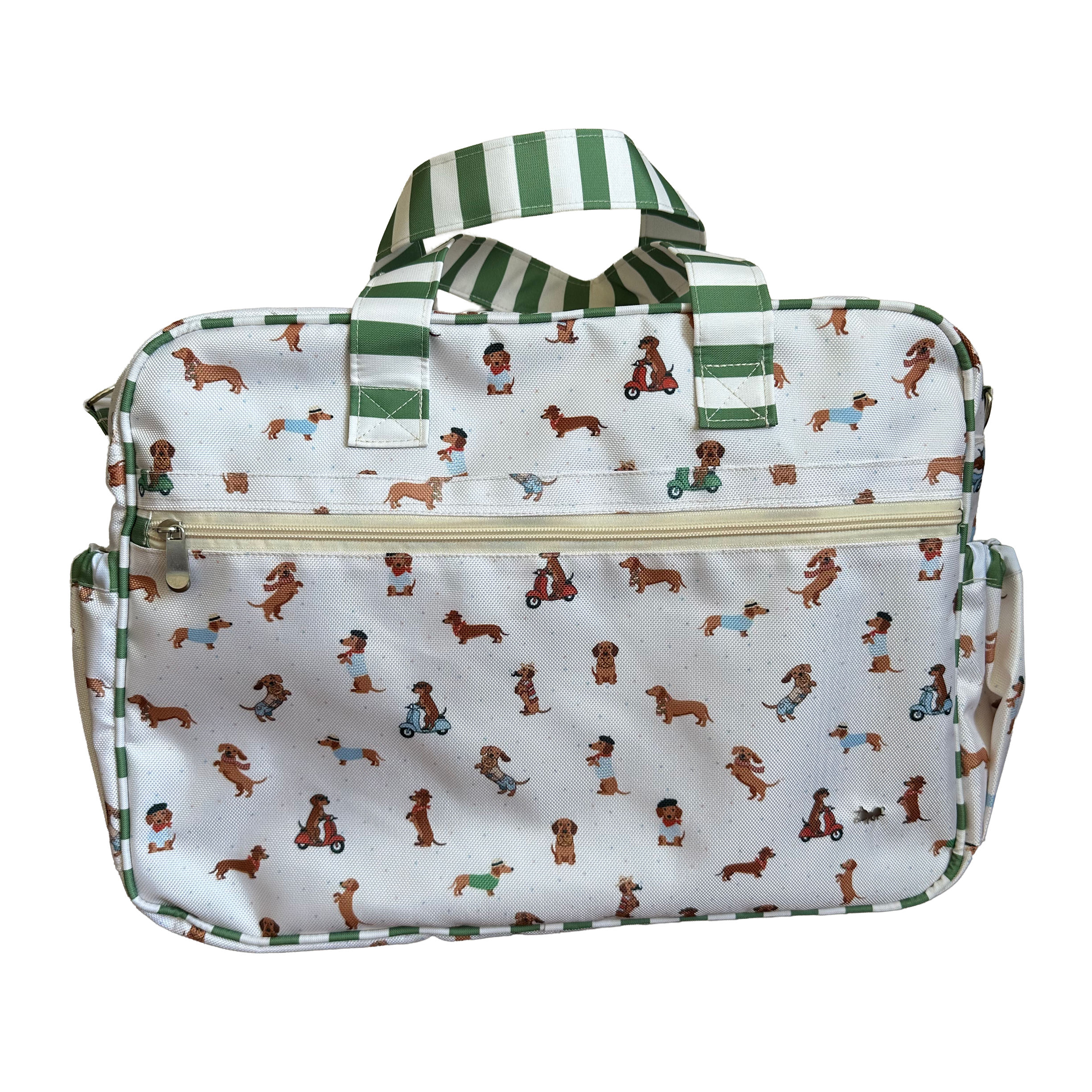 MALETA PAÑALERA CON CAMBIADOR PERRO SALCHICHA VERDE